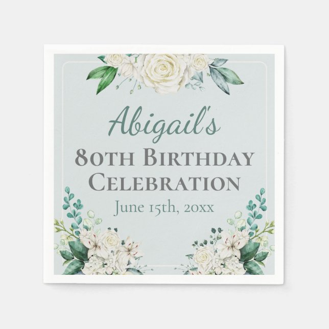 Elegant White Rose Floral 80th Birthday Any Age Napkins (Front)