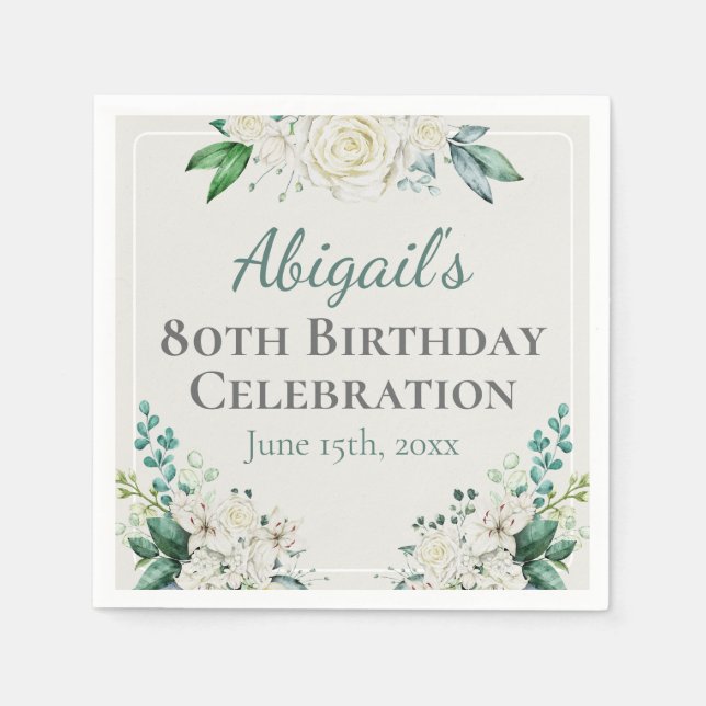 Elegant White Rose Floral 80th Birthday Any Age Napkins (Front)