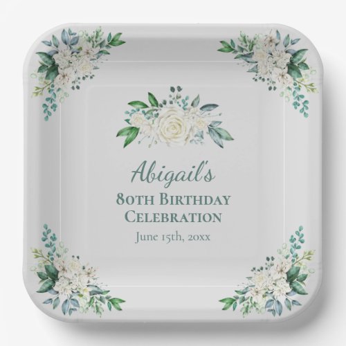 Elegant White Rose Floral 80th Birthday Any Age Paper Plates