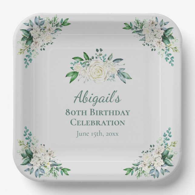 Elegant White Rose Floral 80th Birthday Any Age Paper Plates (Front)