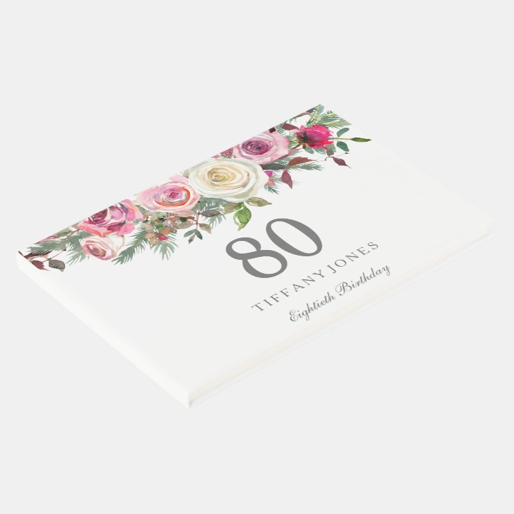 Elegant White Rose Floral 80th Birthday Guest Book | Zazzle