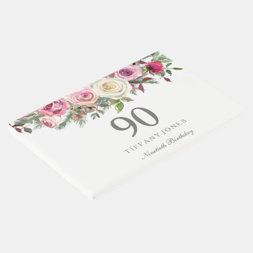 Elegant White Rose Floral 90th Birthday Guest Book
