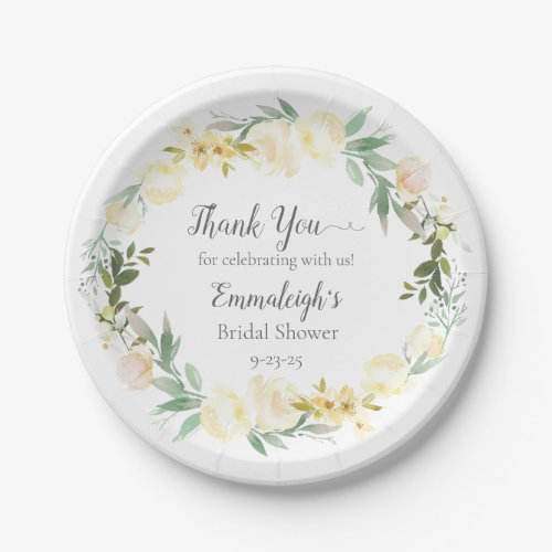 Elegant White Rose Floral Bridal Shower Paper Plates