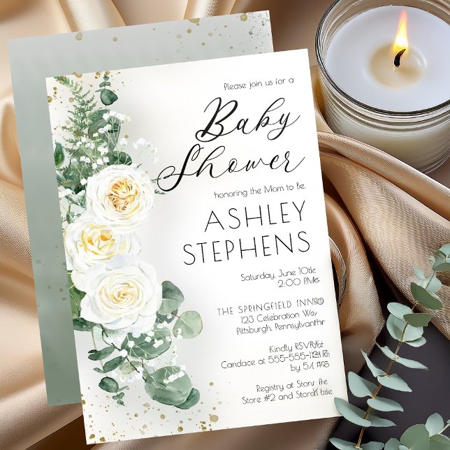 Elegant White Rose Floral | Eucalyptus Baby Shower Invitation (Boho White Roses and Eucalyptus Floral Baby Shower Invitation )