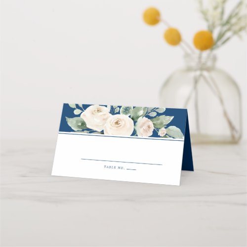Elegant White Rose Floral on Navy Blue Place Card