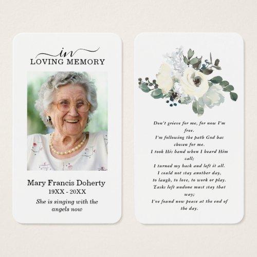Elegant White Rose Floral Photo Prayer Card