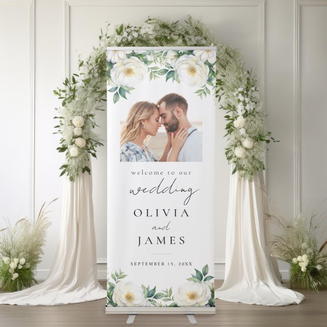 Elegant White Rose Floral Photo Wedding Welcome Retractable Banner (Creator Uploaded)