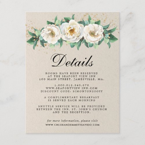 Elegant White Rose Floral Wedding Guest Details Enclosure Card