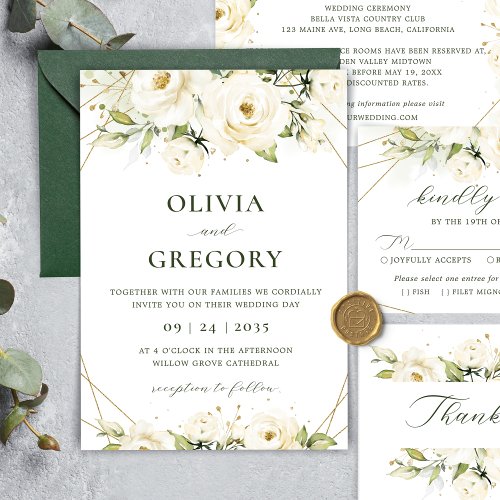 Elegant White Rose Floral Wedding Invitation