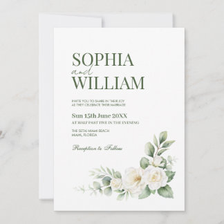 Elegant White Rose Floral Wedding Invitation with 