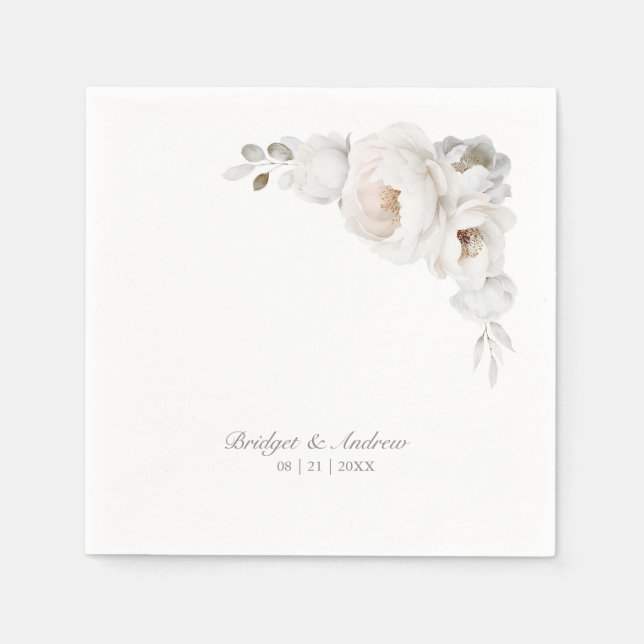 Elegant White Rose Floral Wedding Napkins (Front)