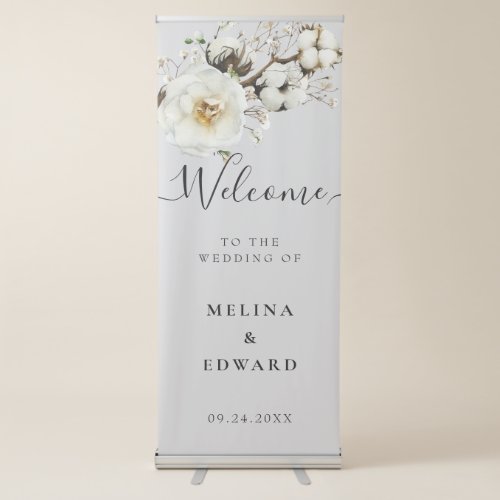 Elegant White Rose Florals Wedding Welcome Retractable Banner