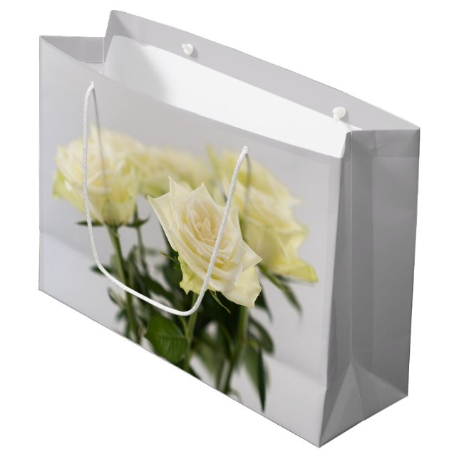 Elegant White Rose Flowers Photograph On Gray Large Gift Bag (Front Angled)