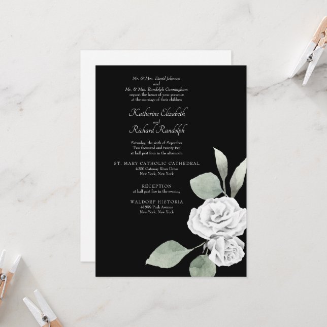 Elegant White Rose Foliage Black Wedding Invitation (Front/Back In Situ)