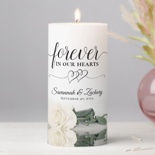 Elegant White Rose Forever in our Hearts Memorial Pillar Candle