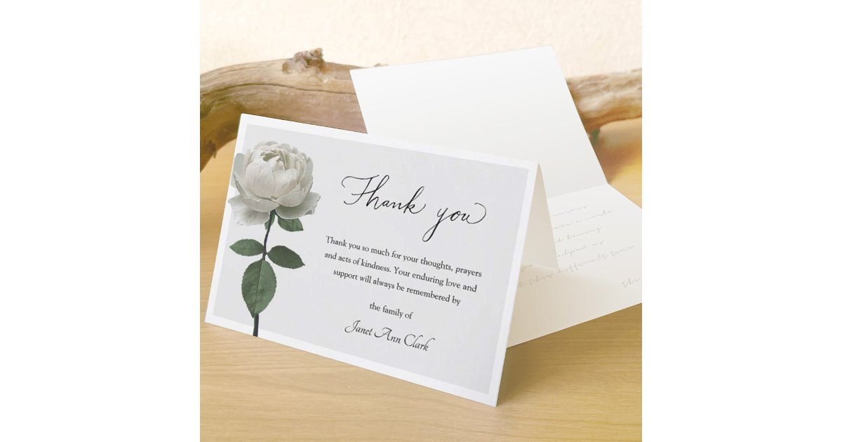 Elegant White Rose Funeral and Sympathy Thank You Card | Zazzle