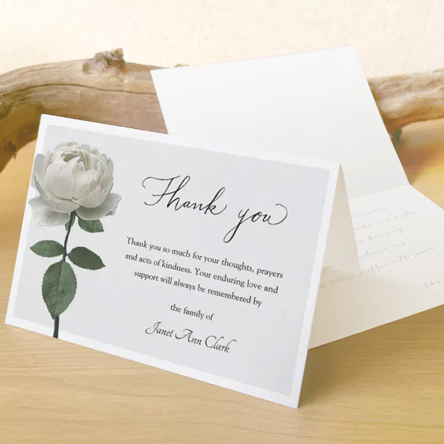 Elegant White Rose Funeral and Sympathy Thank You Card | Zazzle