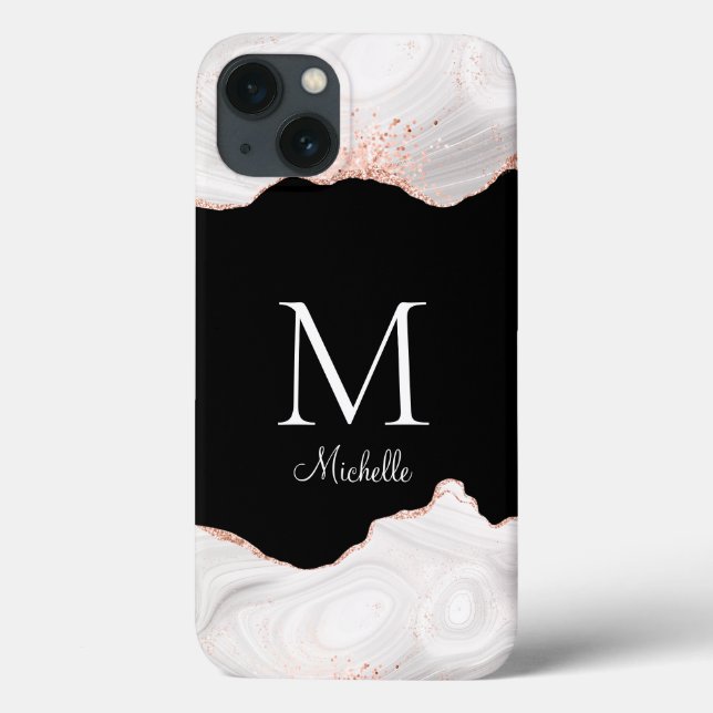Elegant White Rose Gold Agate Monogram Case-Mate iPhone Case (Back)