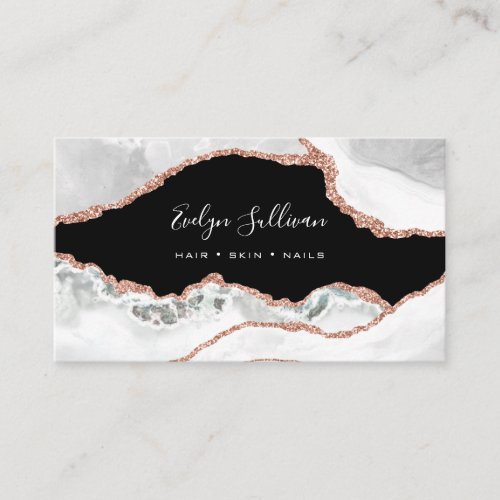 elegant white rose gold agate on black business card