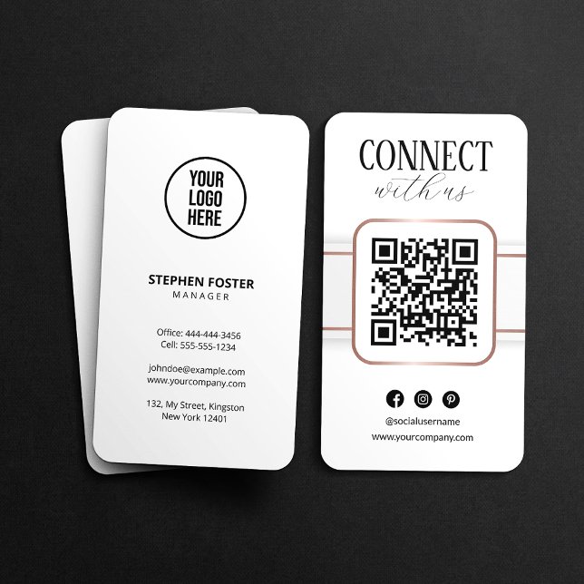 Elegant White Rose Gold Connect With Us QR Code Business Card (Creator Uploaded)