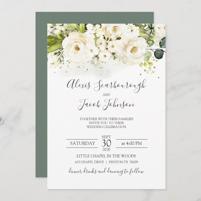 Elegant White Rose & Gold Cursive Wedding Invitation (Front/Back)