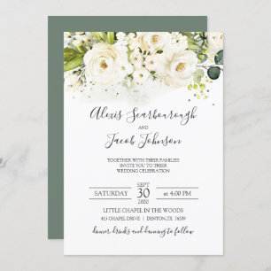 Elegant White Rose & Gold Cursive Wedding Invitation