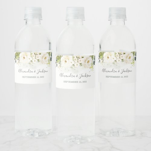Elegant White Rose  Gold Cursive Wedding Water Bottle Label