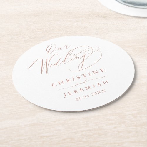 Elegant White Rose Gold Elegant Script Wedding Round Paper Coaster