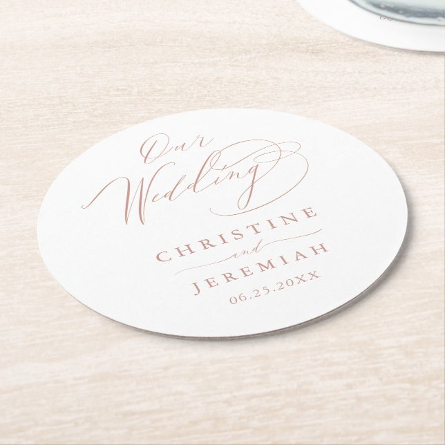 Elegant White Rose Gold Elegant Script Wedding Round Paper Coaster (Angled)