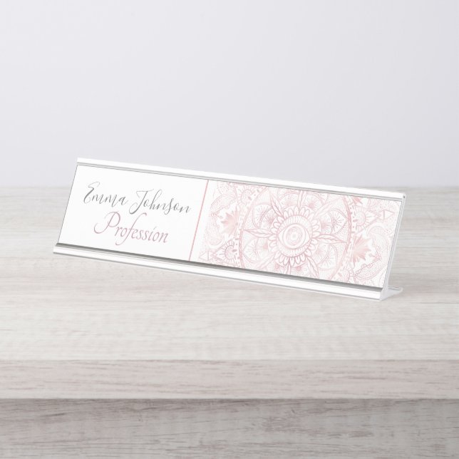 Elegant White Rose Gold Eye Sun Moon Mandala Desk Name Plate (Front)