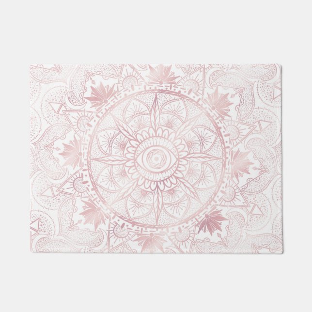 Elegant White Rose Gold Eye Sun Moon Mandala Doormat (Front)