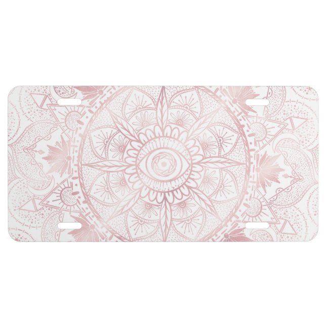 Elegant White Rose Gold Eye Sun Moon Mandala License Plate (Front)