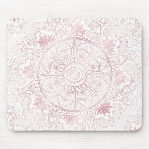 Elegant White Rose Gold Eye Sun Moon Mandala Mouse Pad