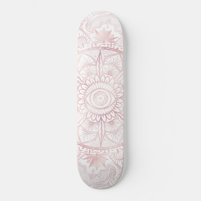 Elegant White Rose Gold Eye Sun Moon Mandala Skateboard (Front)