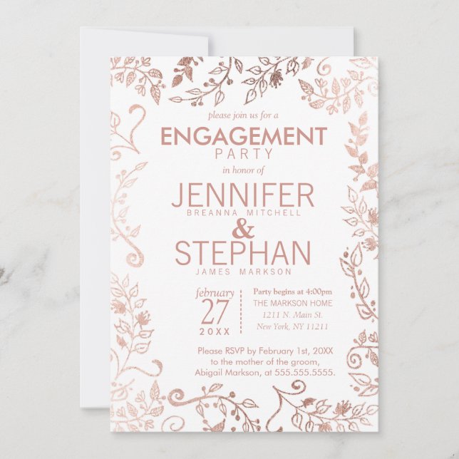 Elegant White Rose Gold Floral Engagement Party Invitation (Front)