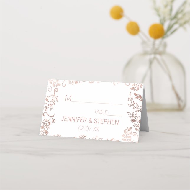 Elegant White Rose Gold Floral Place Cards (Front)