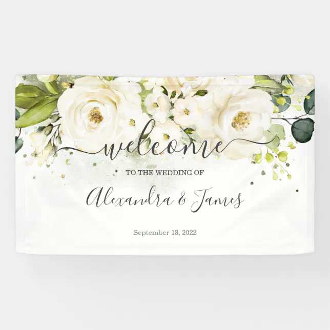 Elegant White Rose & Gold Floral Wedding Banner | Zazzle