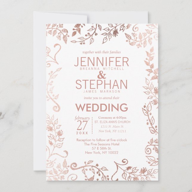 Elegant White Rose Gold Floral Wedding Invitation (Front)