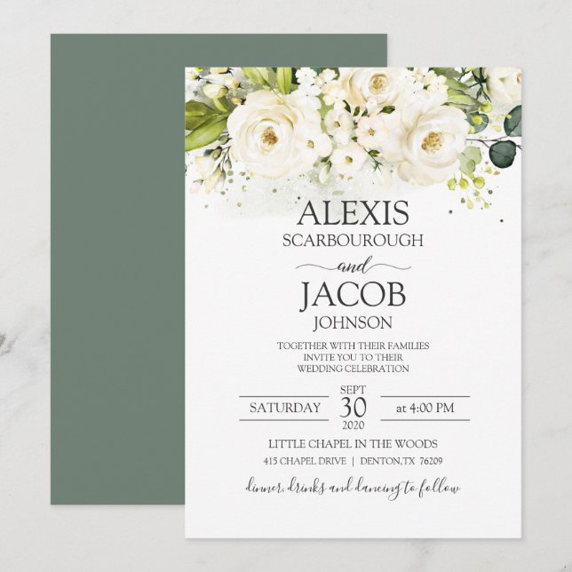Elegant White Rose & Gold Floral Wedding Invitation (Front/Back)