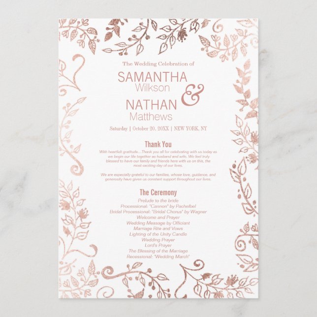 Elegant White Rose Gold Floral Wedding Program (Front)