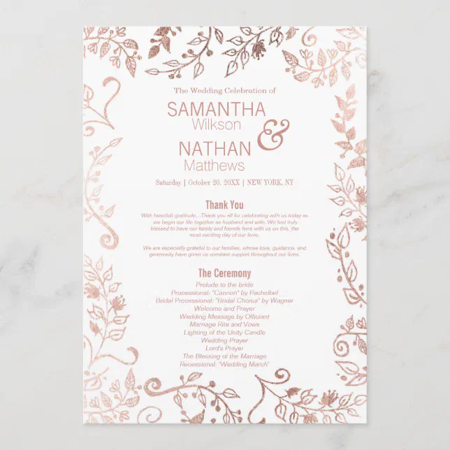 Rose Gold Program Elegant White Rose Gold Floral Wedding Program | Zazzle