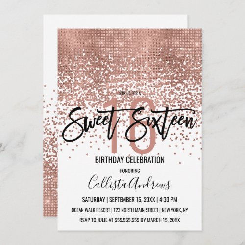 Elegant White Rose Gold Glitter Confetti Sweet 16 Invitation