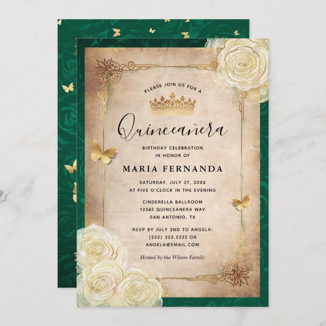 Elegant White Rose Gold Green Quinceanera  Invitation (Front/Back)