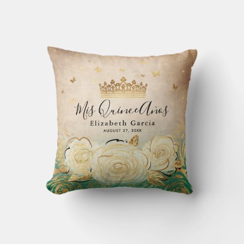 Elegant White Rose Gold Green Quinceanera Throw Pillow