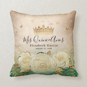 Elegant White Rose Gold Green Quinceanera Throw Pillow