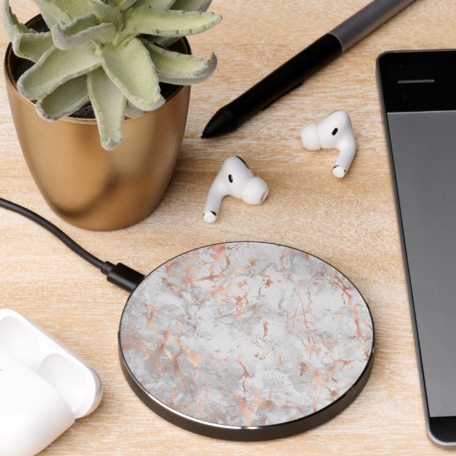 Elegant White & Rose Gold Marble 3 Wireless Charger (Desk 2)