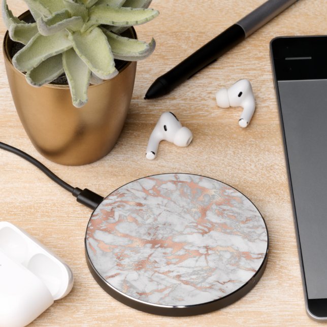 Elegant White & Rose Gold Marble 6 Wireless Charger (Desk 2)