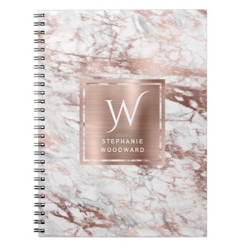 Elegant White Rose Gold Marble Monogram Notebook