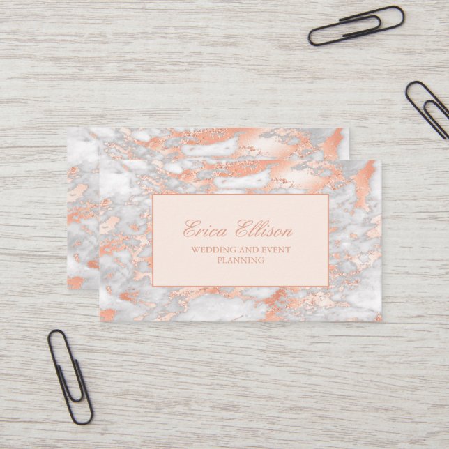 Elegant White Rose Gold Marble Wedding Planner Business Card (Front/Back In Situ)