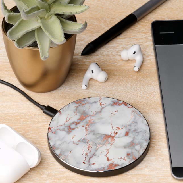 Elegant White & Rose Gold Marble Wireless Charger (Desk 2)